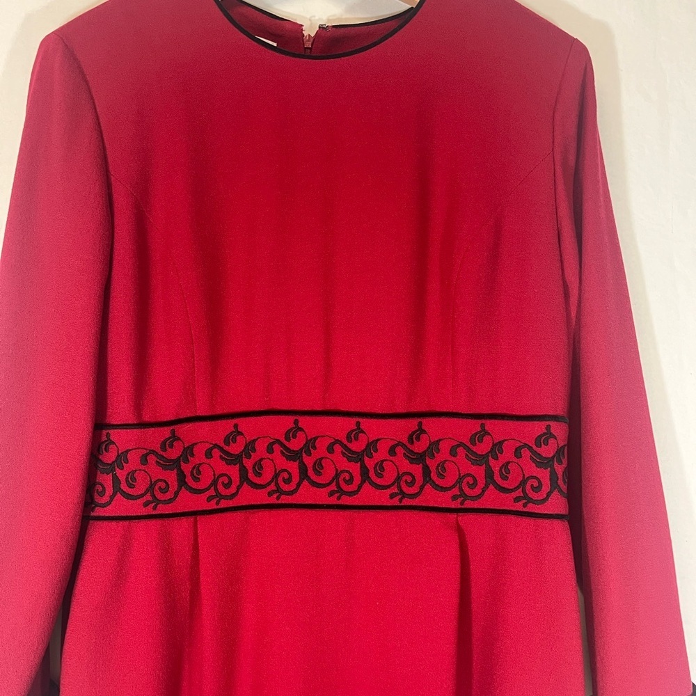 Talbots Petites 1980's Wool Red Midi Length Lined Dress Embroidered Waist Women - Picture 4 of 13